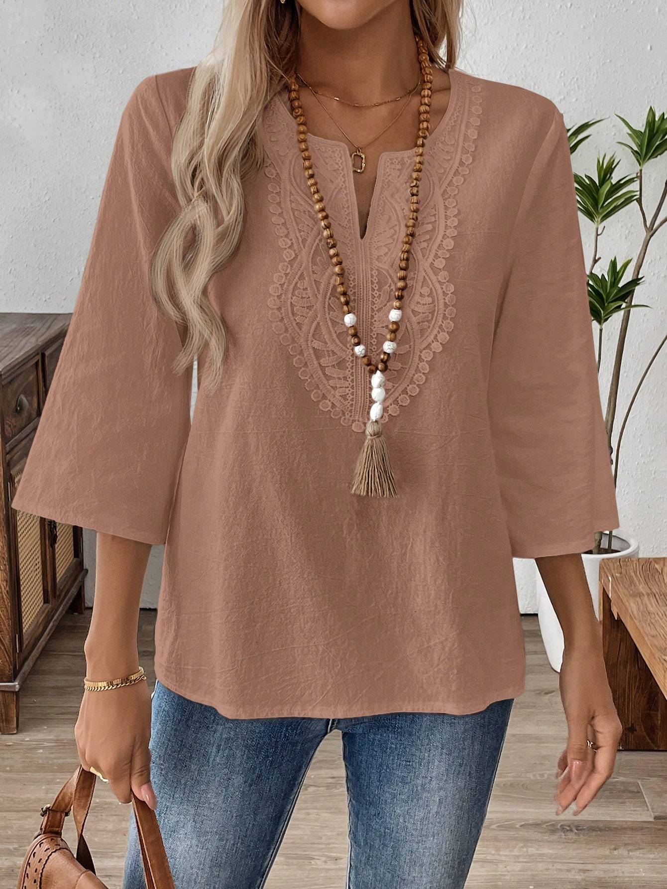 Vorteva Women’s Solid Color V-Neck Long Sleeve Blouse