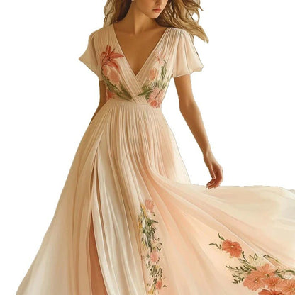 Women's V-Neck Short-Sleeve Digital Print Long Dress