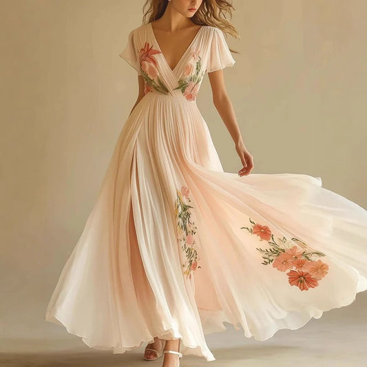 Women's V-Neck Short-Sleeve Digital Print Long Dress