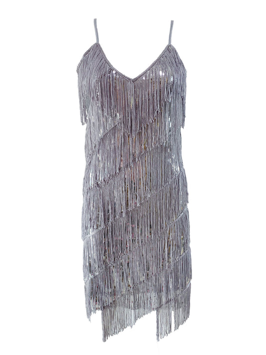 Sequined Fringe Latin Dance Dress with Suspenders