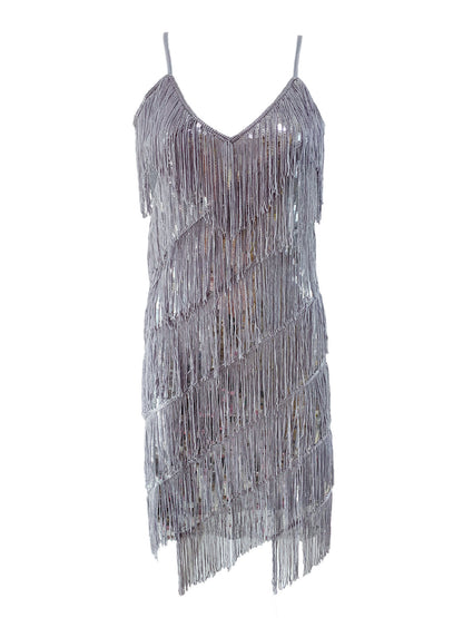Sequined Fringe Latin Dance Dress with Suspenders