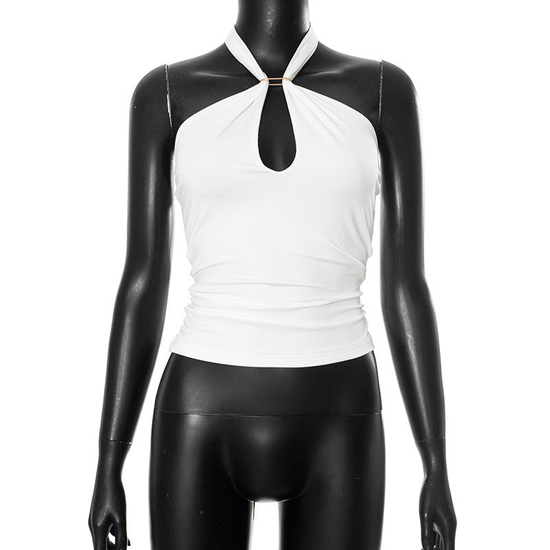 Cross Border Halter Solid Color Metal Ring Backless T-shirt