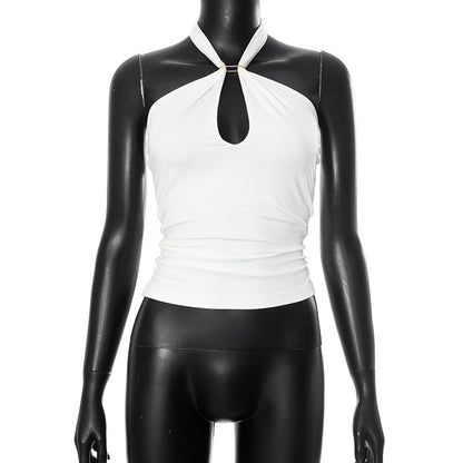 Cross Border Halter Solid Color Metal Ring Backless T-shirt