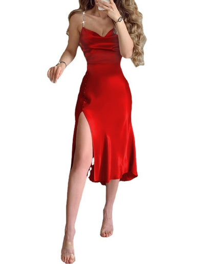 A Word Multicolor Solid Color Dress Chiffon Suspender Long Skirt