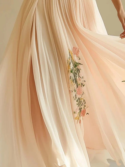 Women's V-Neck Short-Sleeve Digital Print Long Dress