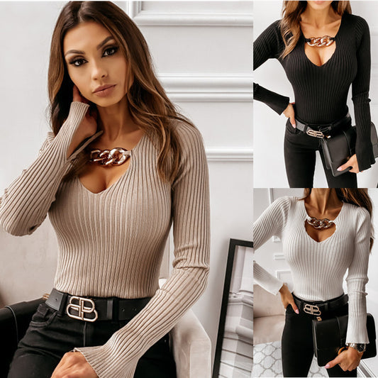 V-Neck Chain Long Sleeve Blouse
