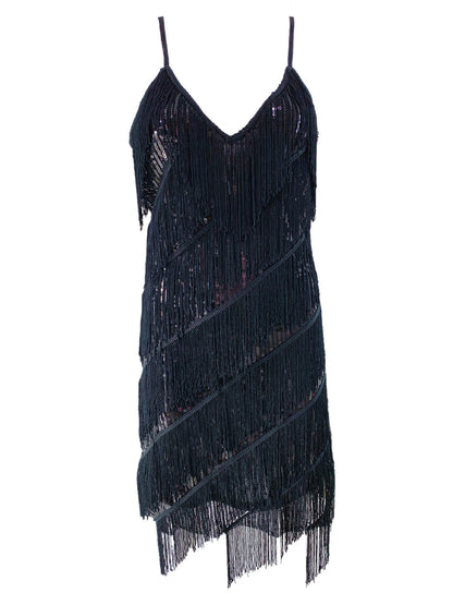 Sequined Fringe Latin Dance Dress with Suspenders