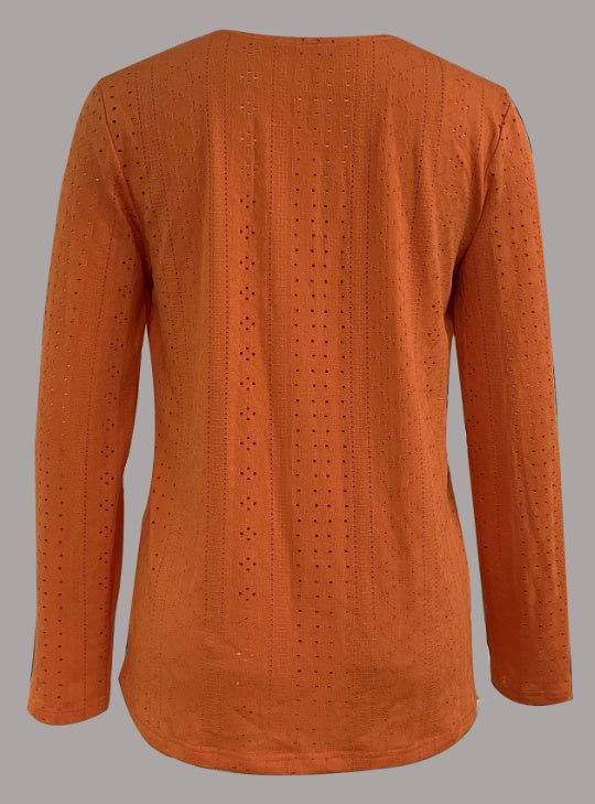 Button Front V-Neck Long Sleeve Blouse