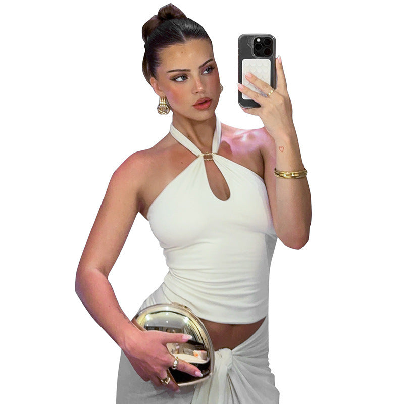 Cross Border Halter Solid Color Metal Ring Backless T-shirt