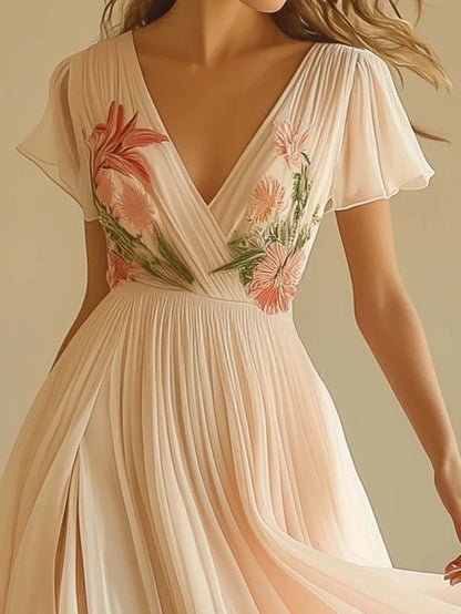 Women's V-Neck Short-Sleeve Digital Print Long Dress