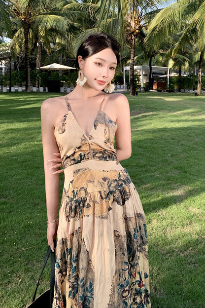 European Style Retro Spaghetti Straps Dress Female V-neck