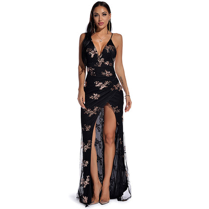Sleeveless Strap Backless Sequined Maxi Dress