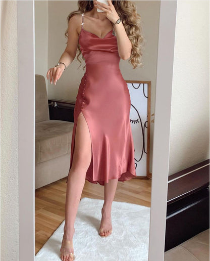 A Word Multicolor Solid Color Dress Chiffon Suspender Long Skirt