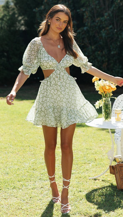 Women's Chiffon Print V-Neck Ruffle Dress