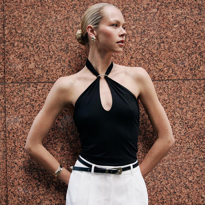 Cross Border Halter Solid Color Metal Ring Backless T-shirt